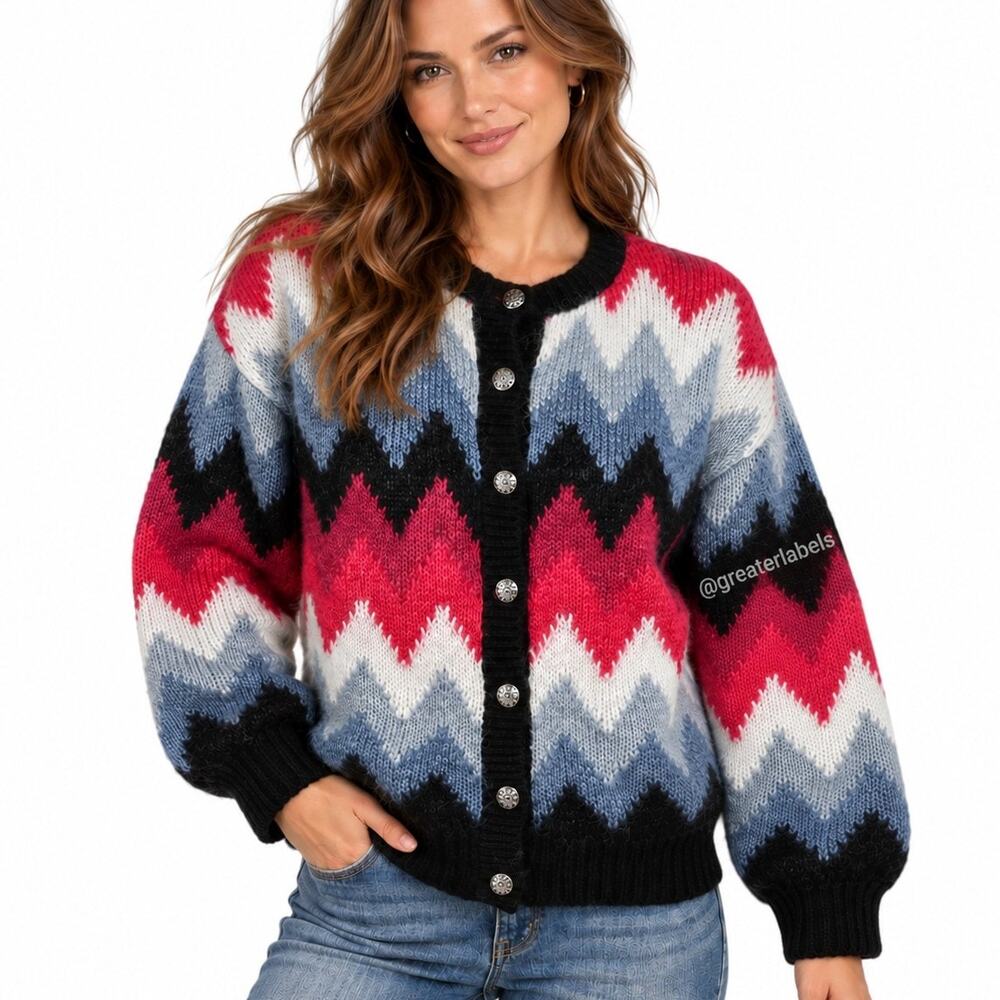 Vintage 90s Susan Bristol Fair Isle Wool Sweater Jacket Satin Lined Oversized S